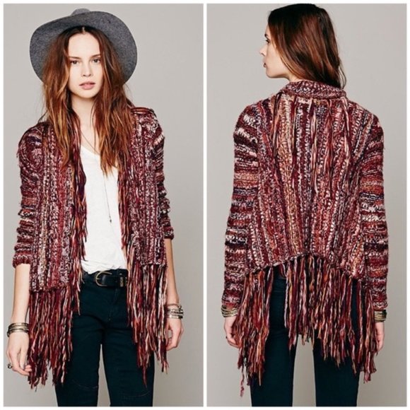 New FREE PEOPLE XS Burgandy fringe Cardigan - Picture 3 of 8